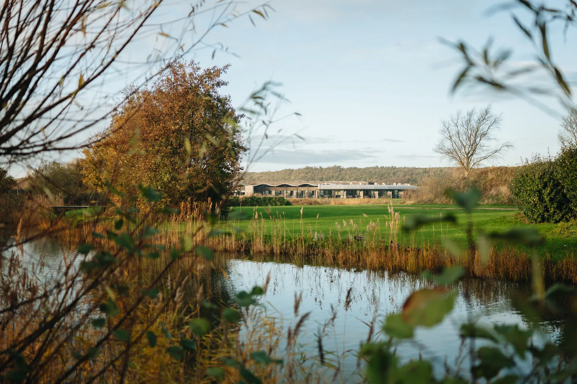 Uitzicht op het moderne hoofdgebouw van Resort Land & Zee met het iconische golvende dak, gezien door herfstachtige bomen en rietkragen aan het water.